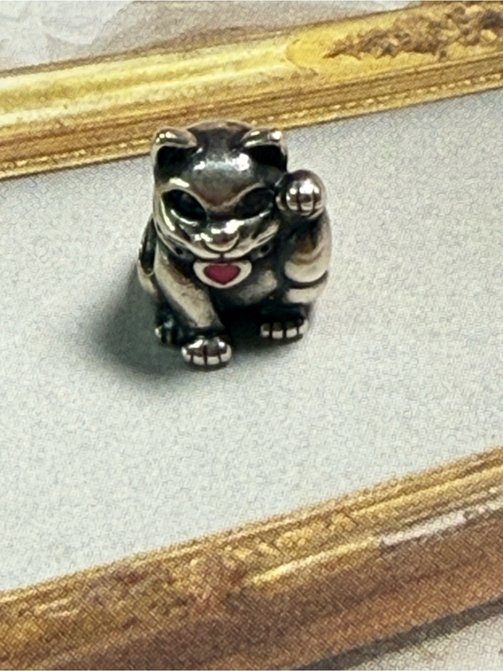 Pandora Silver Lucky Cat Charm with Pink Heart